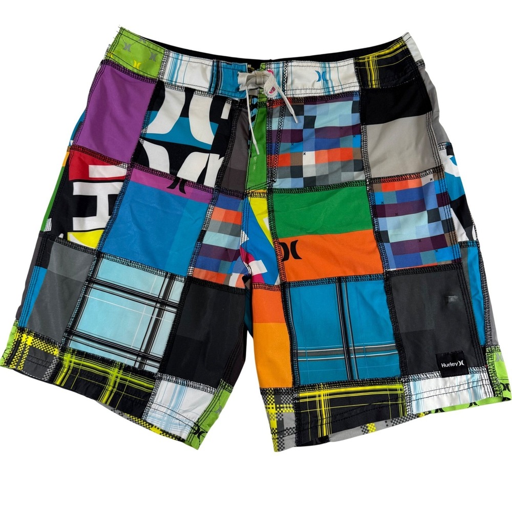 Hurley Mens Patchwork Board Shorts Multi Color Plaid Geometric Swim Trunks 34
